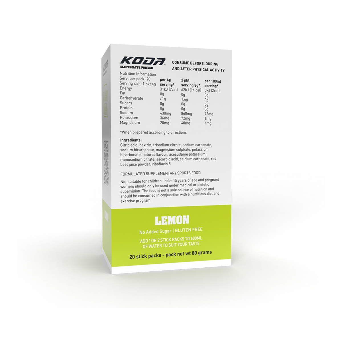 Lemon - KODA Electrolyte Powder (20 Stick Pack) - 4 Pack