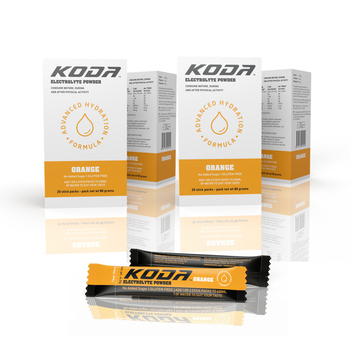 Orange - KODA Electrolyte Powder (20 Stick Pack) - 4 Pack