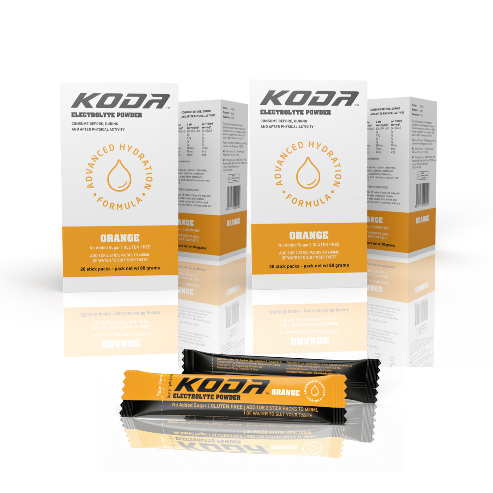 Orange - KODA Electrolyte Powder (20 Stick Pack) - 4 Pack